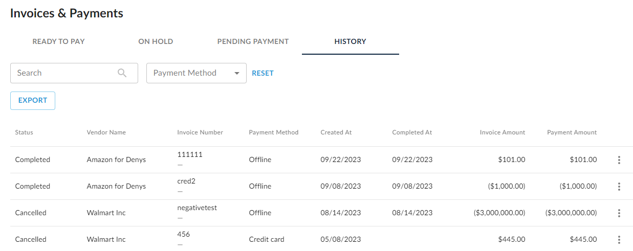 History tab showing completed payments