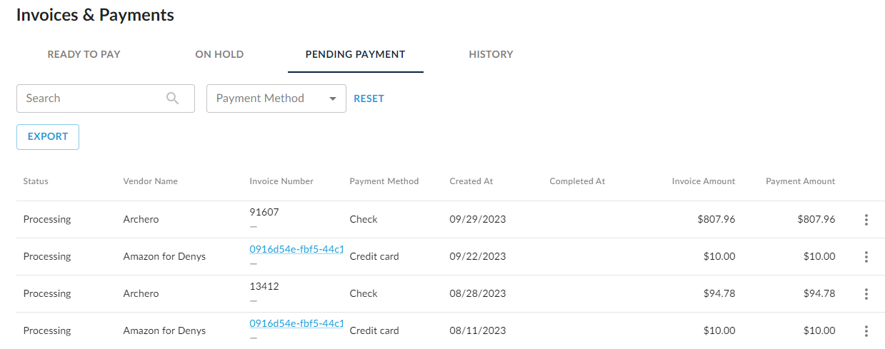 Pending Payments tab showing processing invoices
