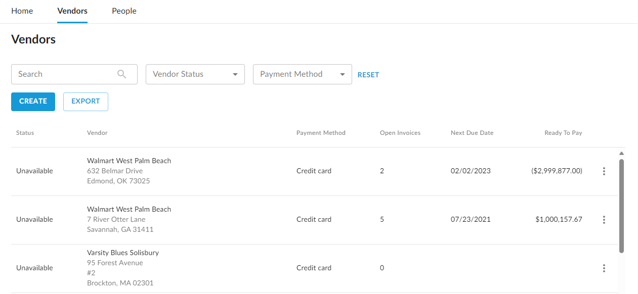 Vendors tab showing vendor management