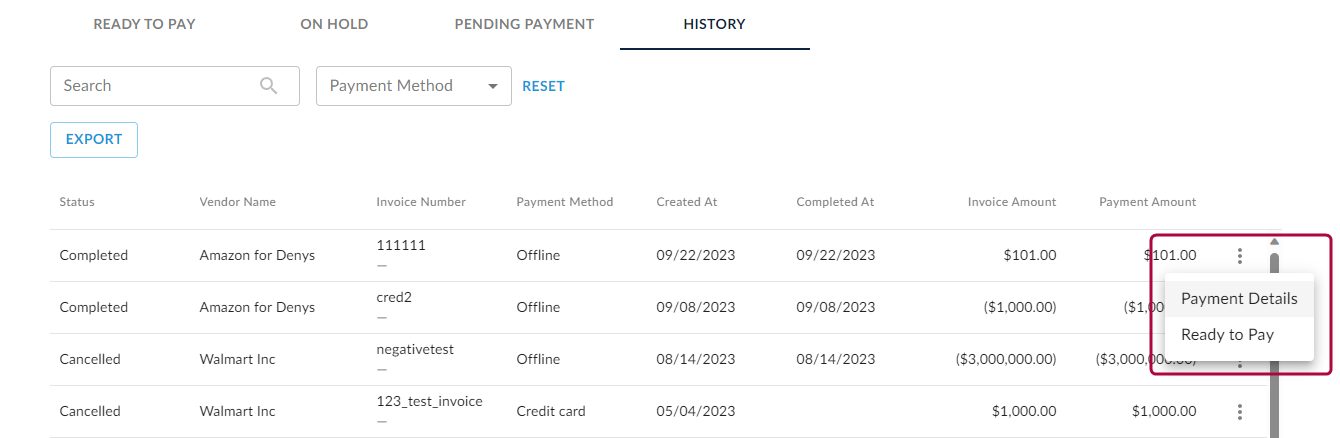 Accessing payment details from History