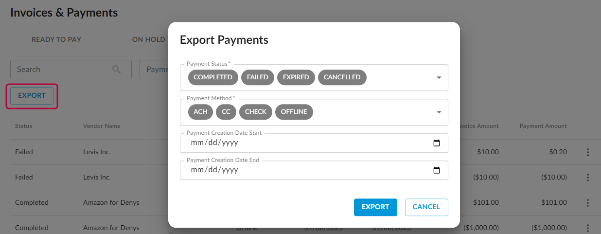 Export dialog for payment history