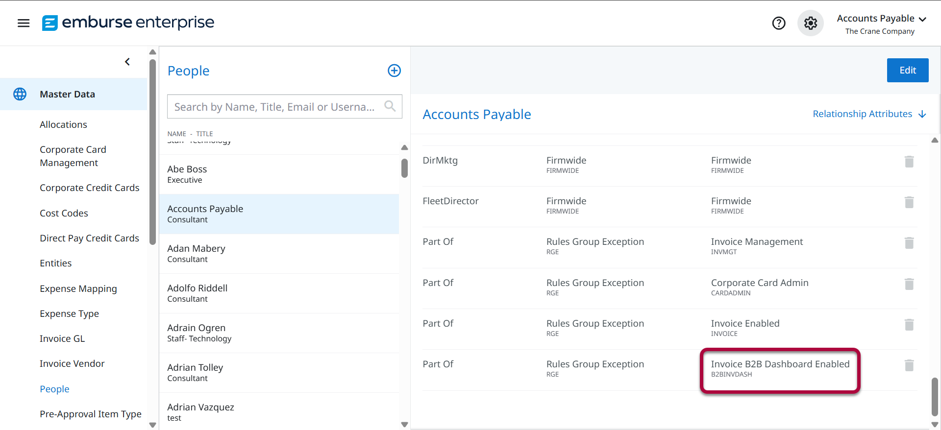 Invoice B2B Dashboard Enabled permission shown in the People settings
