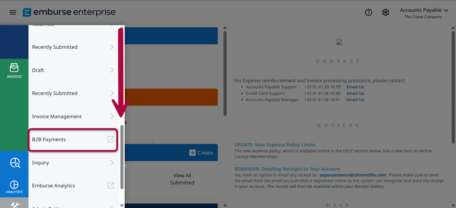 Invoices section in the Emburse Enterprise left navigation
