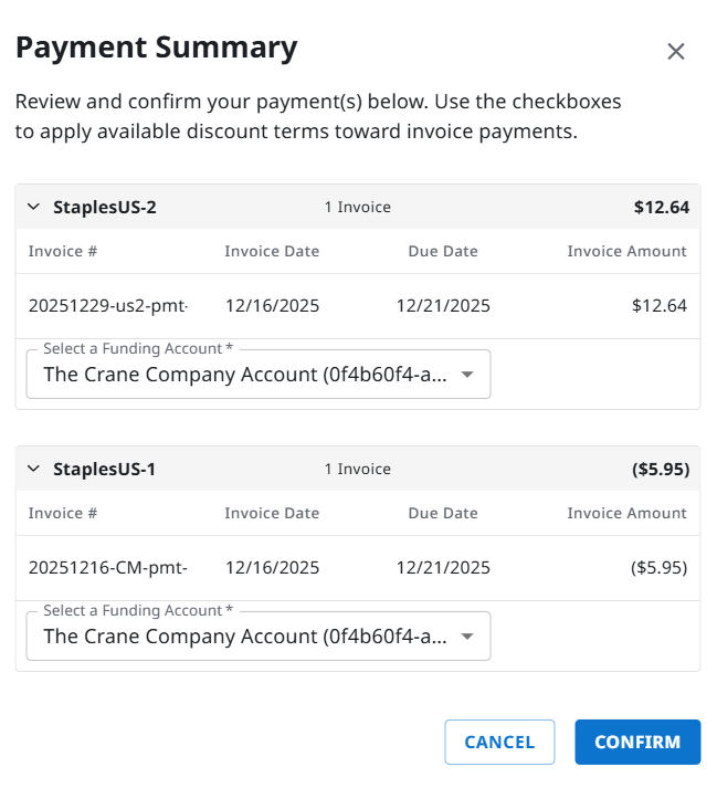 Payment review dialog with funding account selection