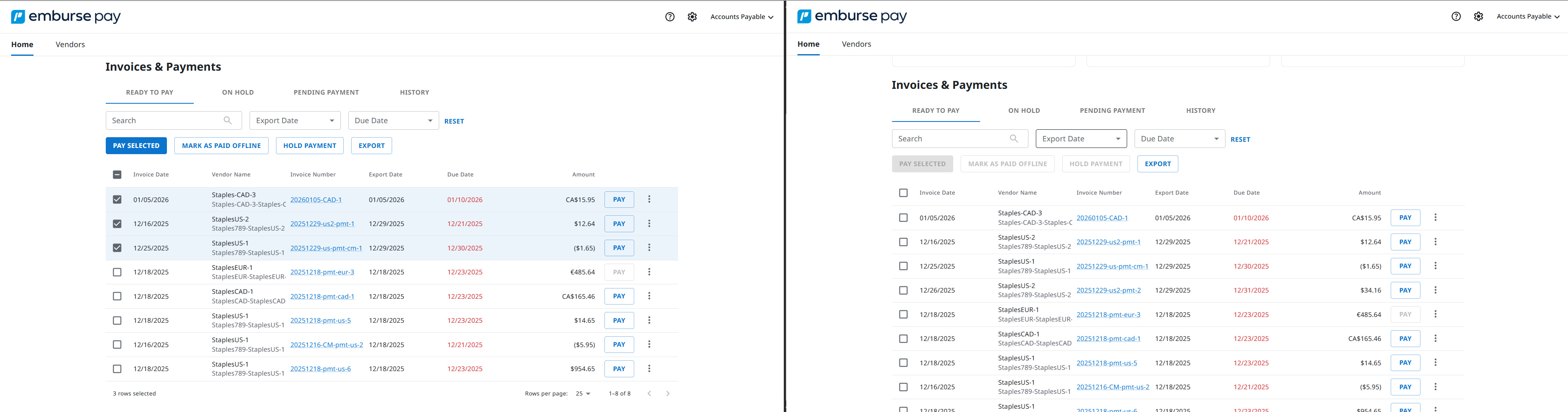 Ready to Pay tab showing invoice selection and Pay actions