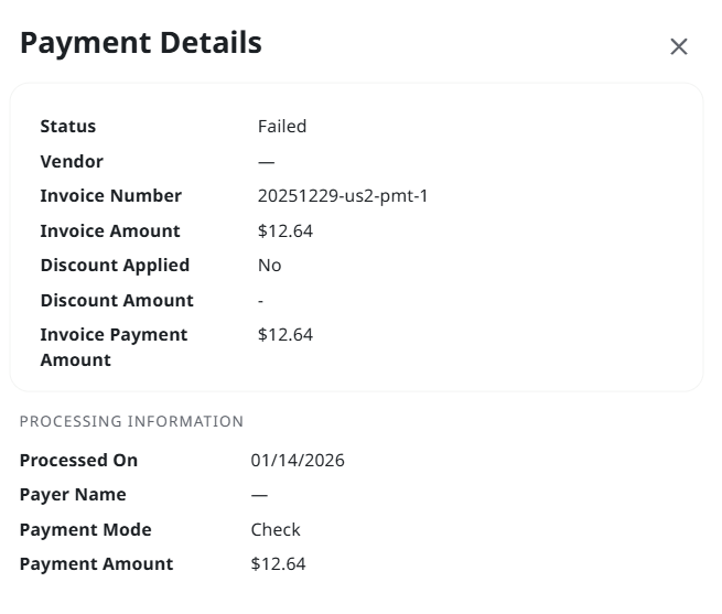 Payment details dialog showing returned invoice reason and corrective notes