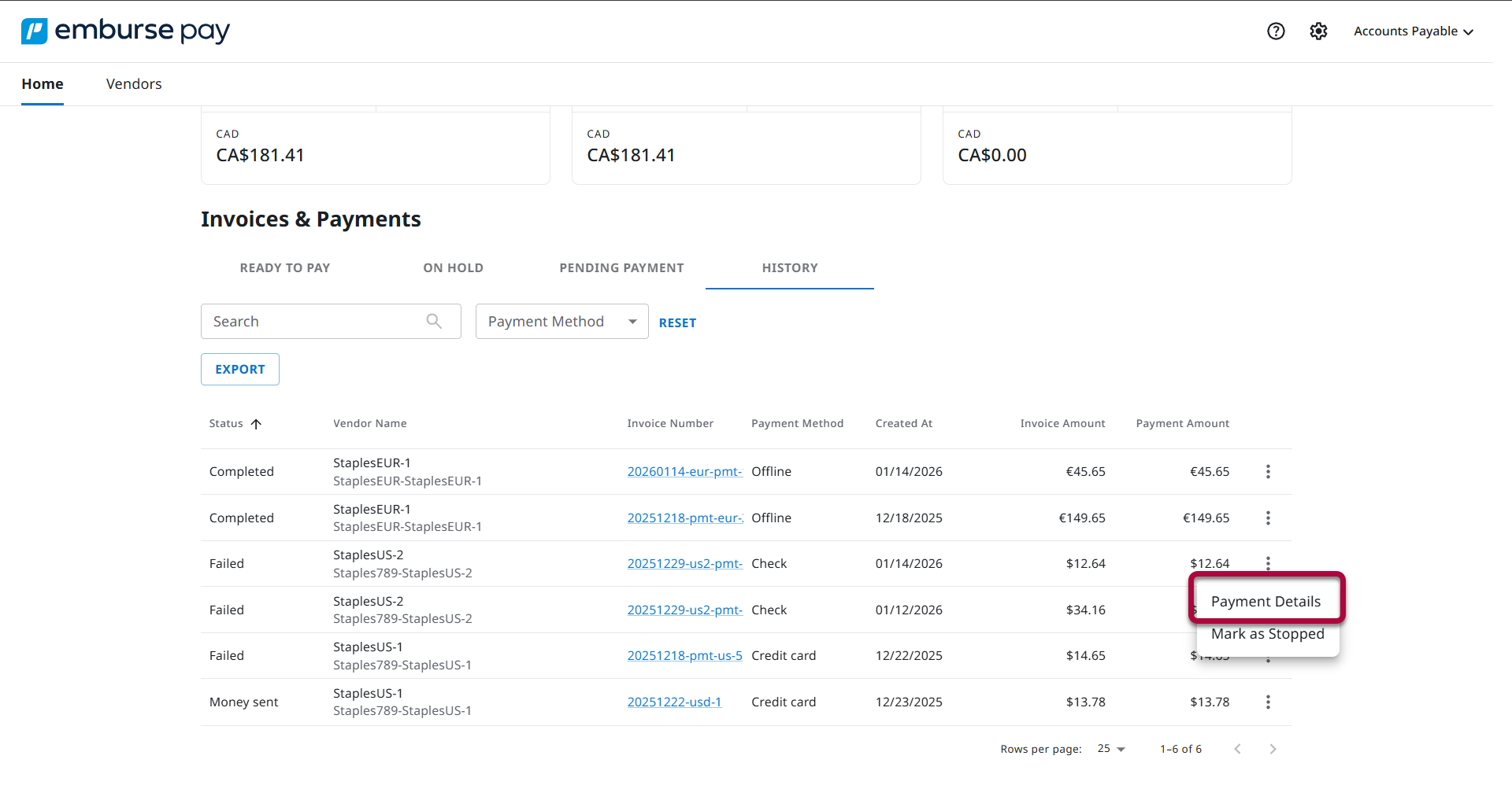 History tab showing More actions menu and Payment details option
