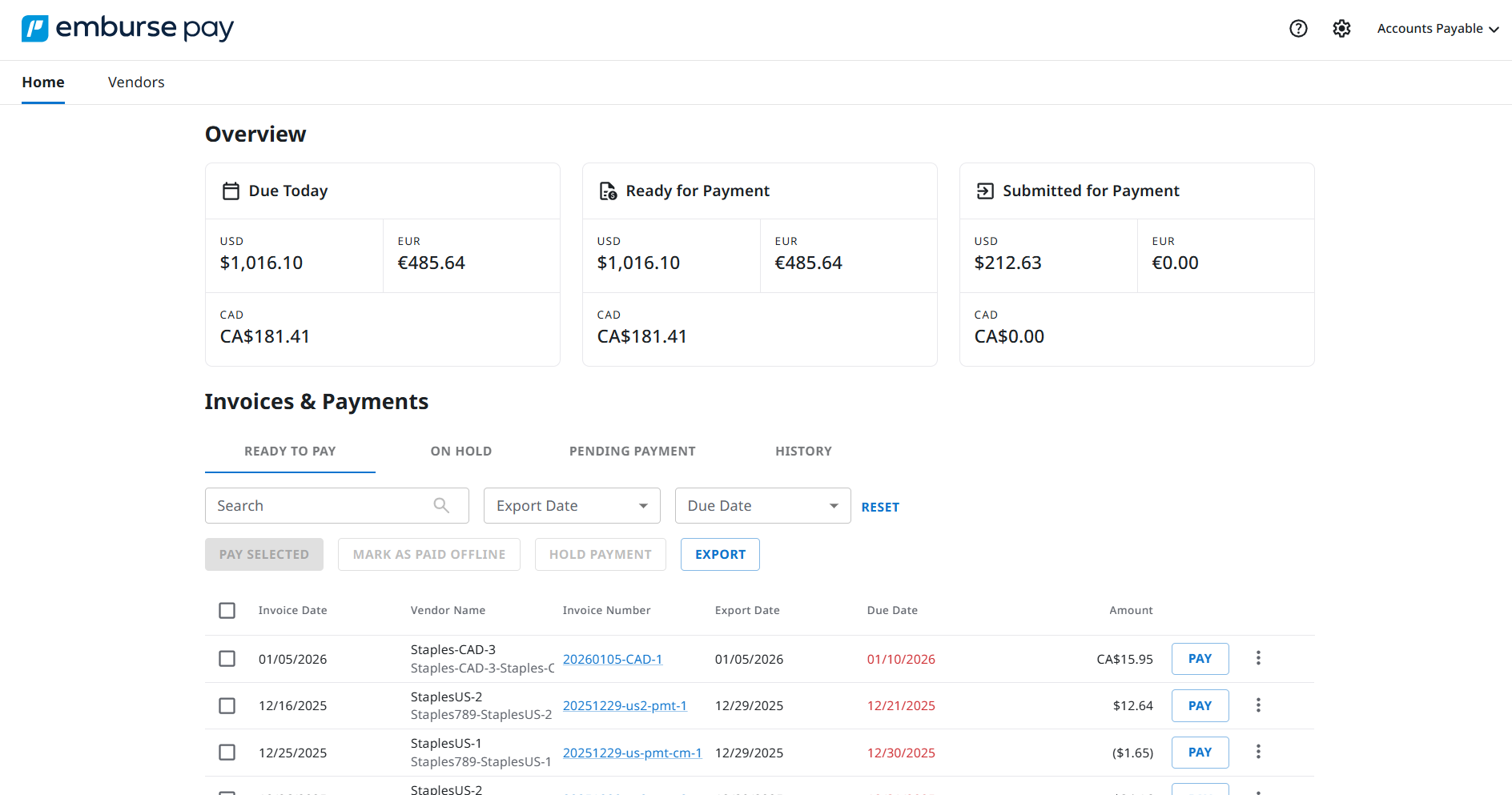 Emburse Pay Home page showing invoice list