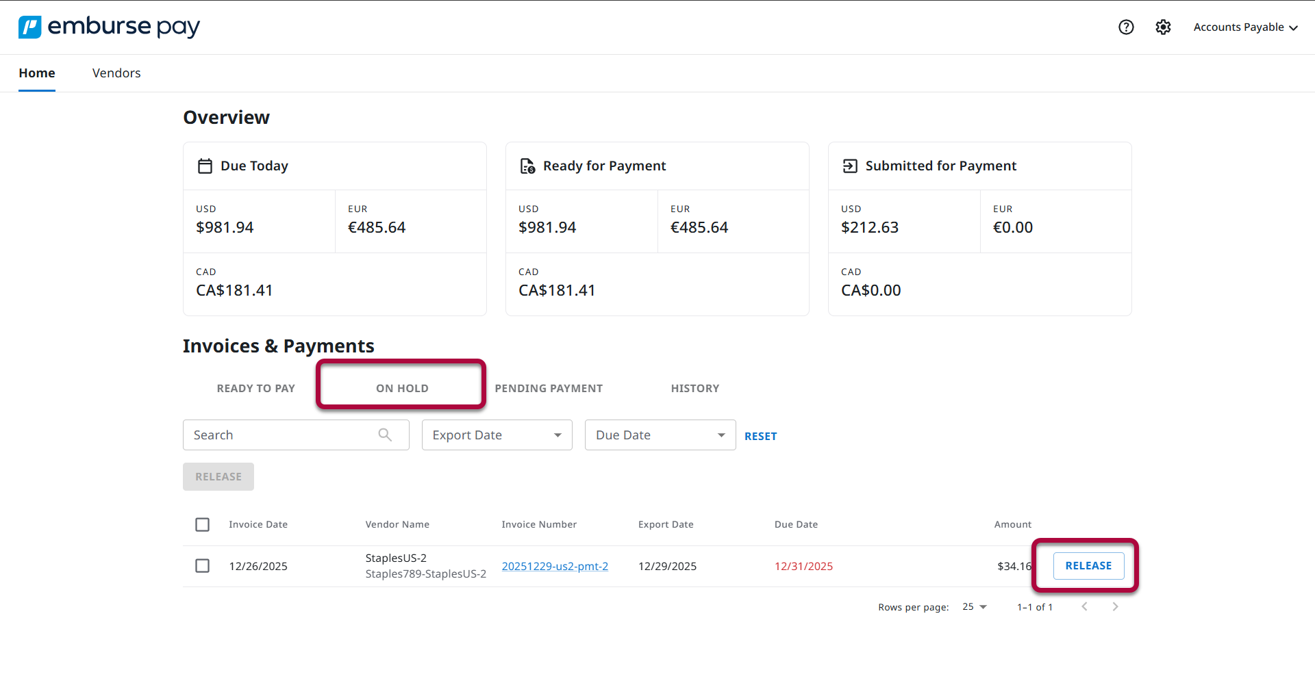 On Hold tab showing invoices awaiting release