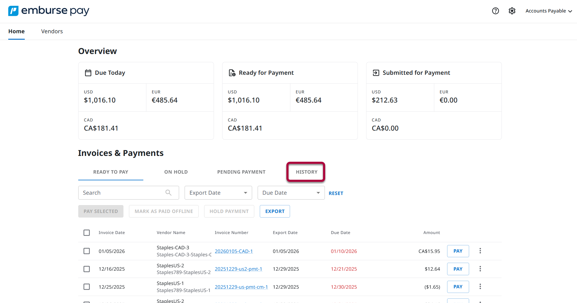 Emburse Pay Home page showing access to the History tab