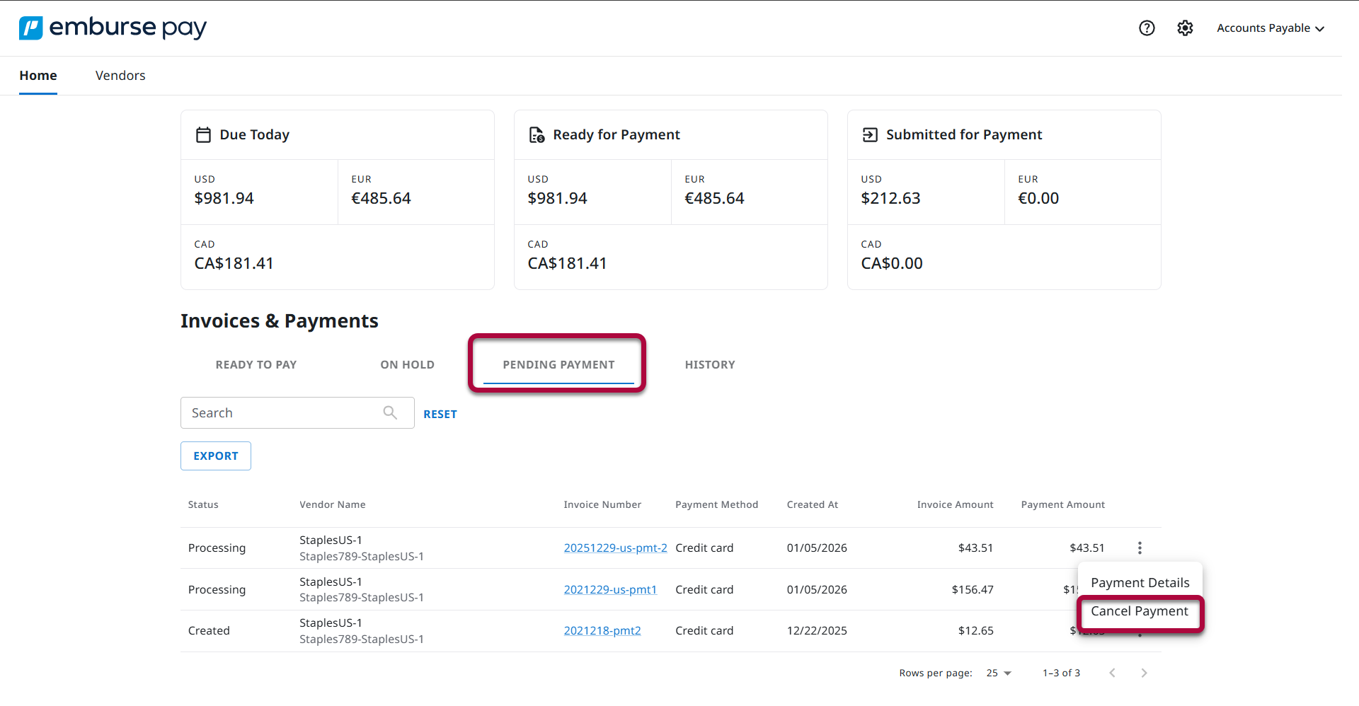 Pending Payment tab selected on the Emburse Pay dashboard