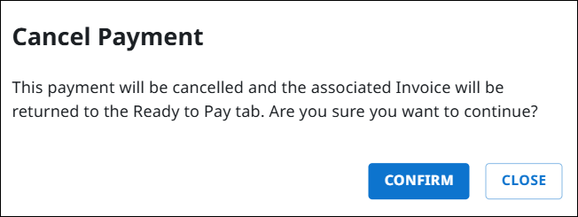 Cancel Payment confirmation dialog with CONFIRM and CLOSE buttons