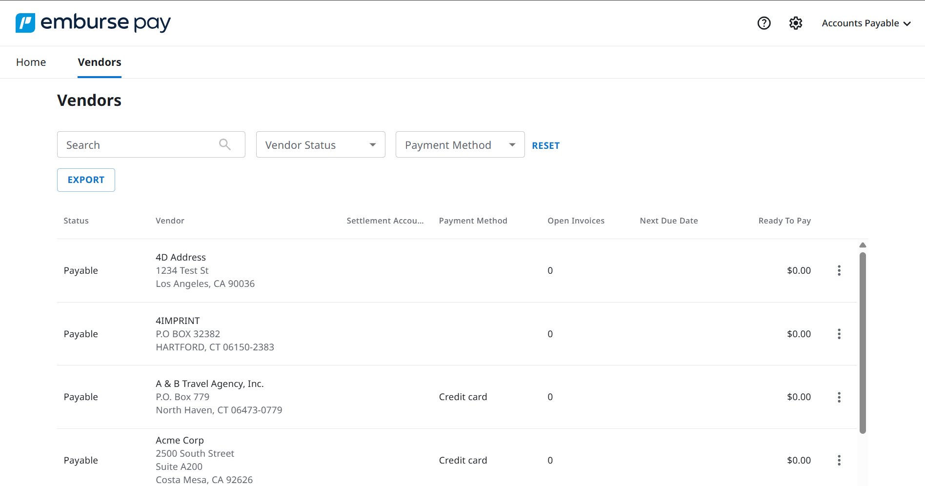 Vendors page in Emburse Pay