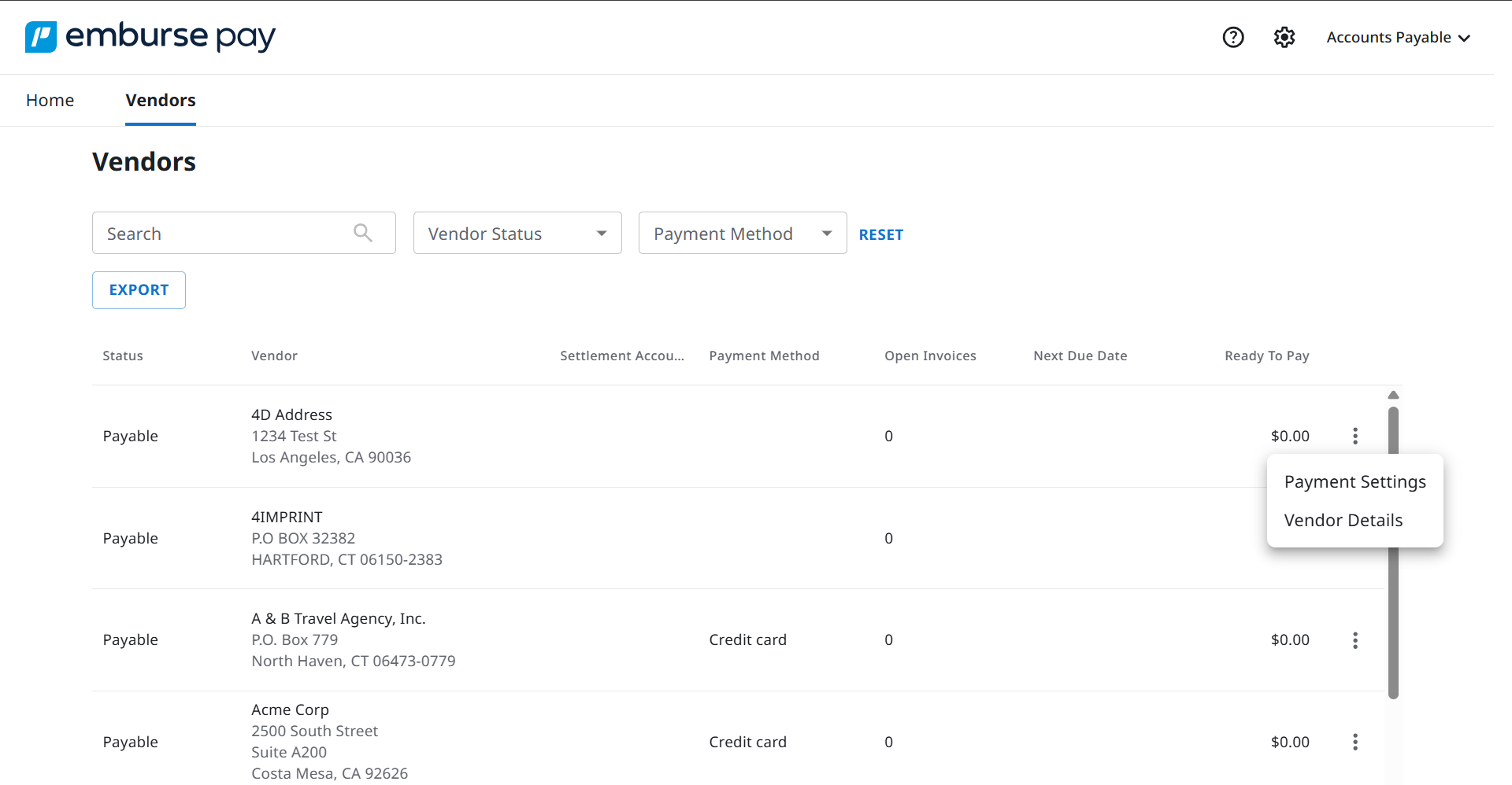 More actions menu on a vendor row