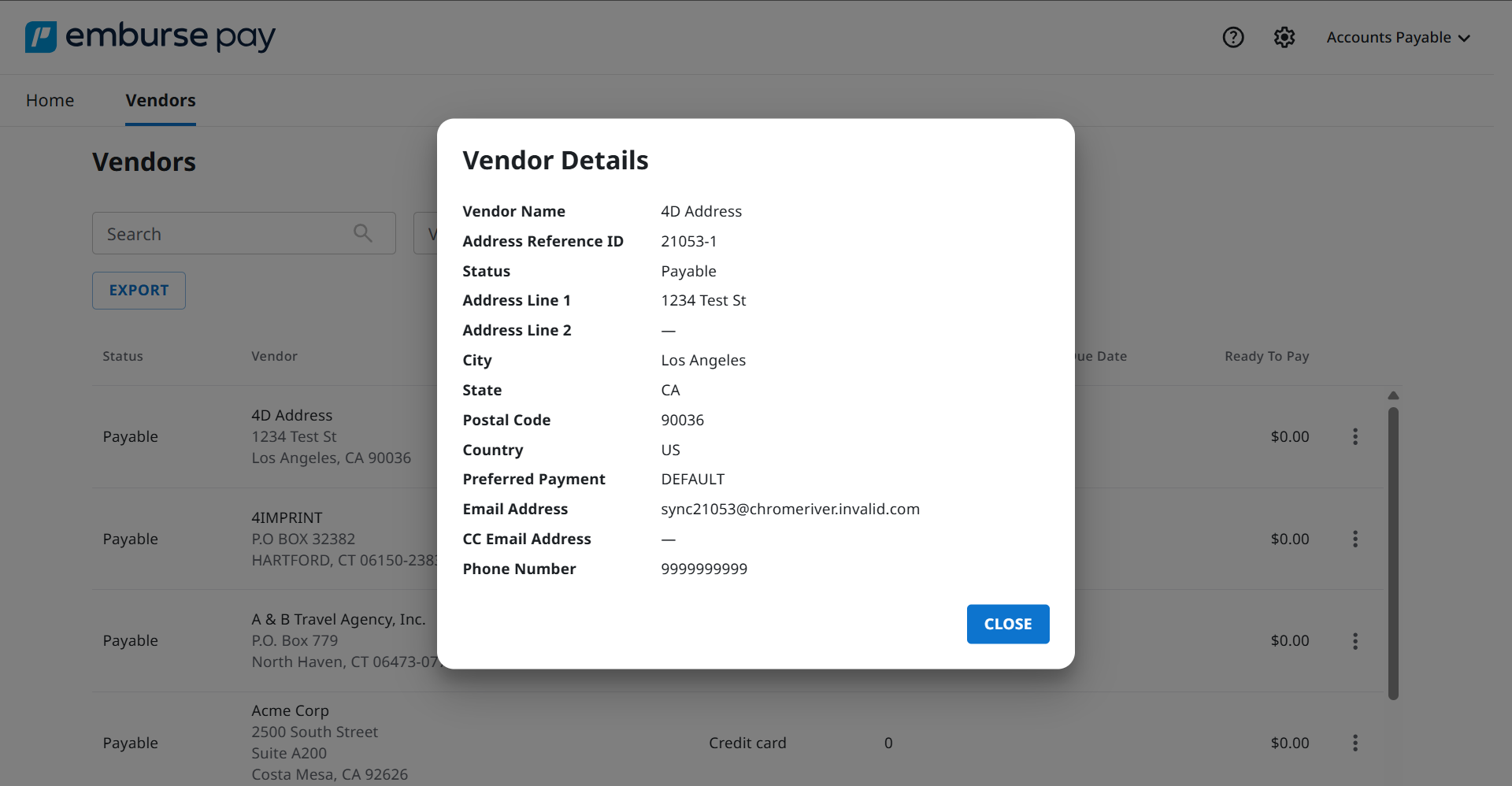 Vendor Details dialog showing vendor information