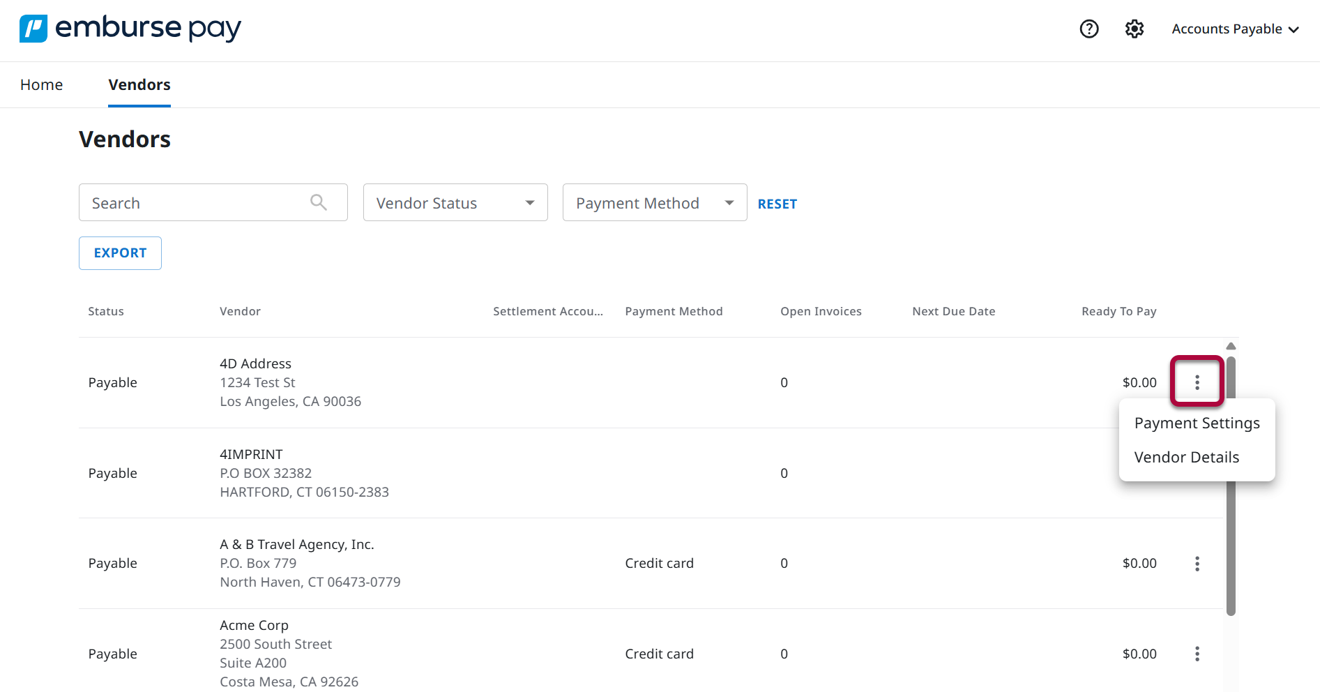 Vendor Details option in the More actions menu